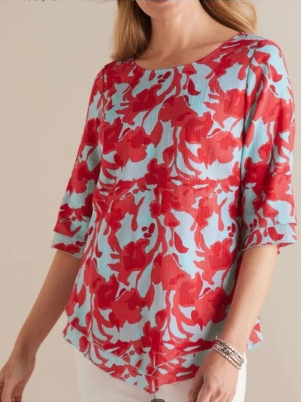 Soft Surroundings Sky Blue & Red Floral Scoop-Neck Blouse